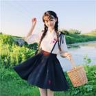 Short-sleeve Wrap Top / Embroidered A-line Jumper Skirt