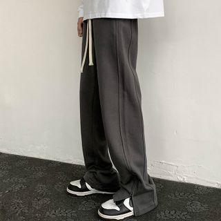 Drawstring Plain Hem-slit Wide-leg Pants