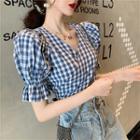 Puff-sleeve Gingham Tie-back Cropped Blouse Gingham - Blue & White - One Size
