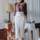 Set: Long-sleeve Cut Out Top + Slit Midi Pencil Skirt