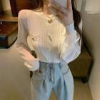 Chiffon Long Sleeve Panel Knit Buttoned Top