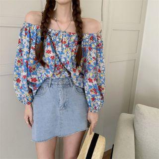 Long-sleeve Off-shoulder Floral Print Top Blue - One Size