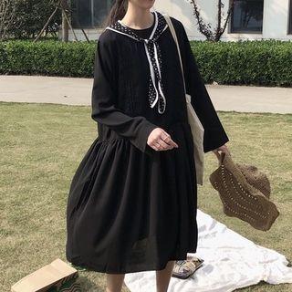 Mock Two-piece Long-sleeve A-line Midi Dress As Shown In Figure - One Size