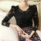 Lace Panel Long Sleeve V-neck Top