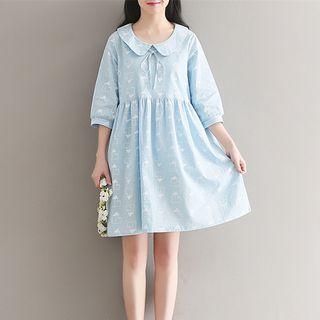 Elbow-sleeve Collared A-line Dress