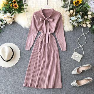 Bow Pointelle Midi Ribbed Knit Dress