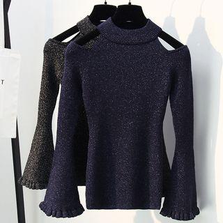 Long-sleeve Cold-shoulder Glitter Knit Top