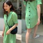 Puff-sleeve Buttoned Plain Dress Avocado Green - One Size