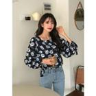Square-neck Balloon-sleeve Floral Blouse
