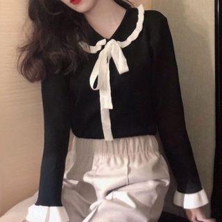 Bell-sleeve Ribbon Contrast Trim Knit Top