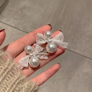 Lace Bow Faux Pearl Earring 1 Pair - White - One Size