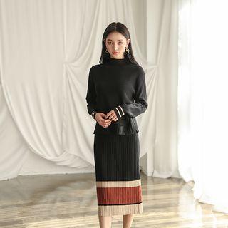Set: Mock-neck Contrast-trim Knit Top + Band-waist Pleated Skirt