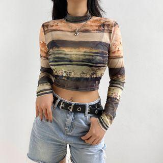 Long-sleeve Mock-neck Striped Mesh Crop Top