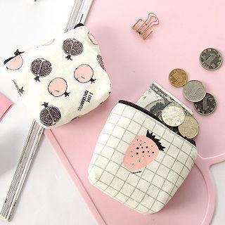 Printed Linen Cotton Coin Purse Opp Bag - Half Pomegranate Print - Beige - One Size