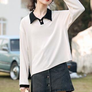 Contrast Trim Collared Sweatshirt White - One Size