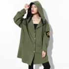Patched Long Snap Button Hooded Jacket