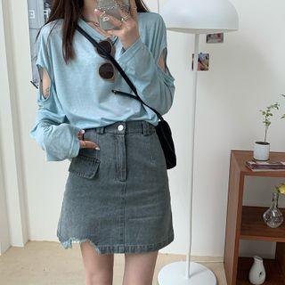 Long-sleeve Cutout T-shirt / Ripped A-line Denim Skirt