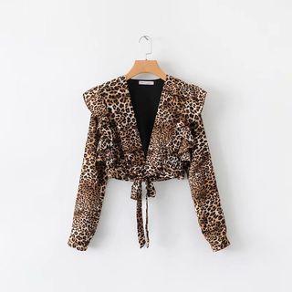 Leopard Print Deep V-neck Ruffle Cropped Blouse