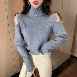 Turtleneck Cutaway-shoulder Plain Knit Top