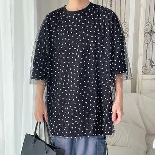 Short-sleeve Heart Print Mesh Overlay T-shirt