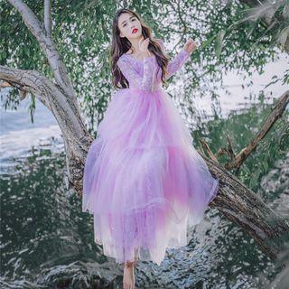 Long-sleeve Lace Tiered Maxi Dress