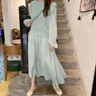 Open-knit Sleeveless Top / Lantern-sleeve Plain Maxi Dress