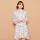 Long-sleeve Frilled-trim Floral Print A-line Dress