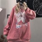 Butterfly Print Hoodie Light Pink - One Size