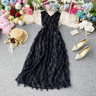Fringed V-neck Cross Strap Maxi Dress