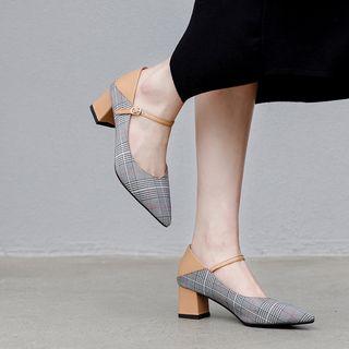 Genuine Leather Plaid Block Heel Pumps