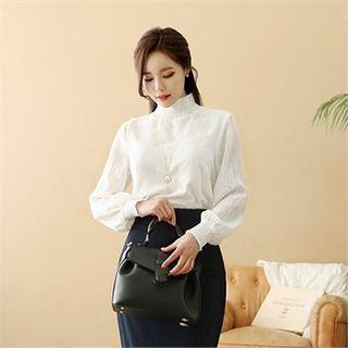 Smocked-neck Textured Blouse