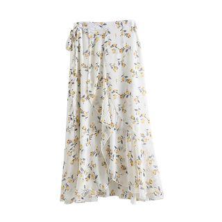 Midi Floral A-line Skirt 17 - Yellow Flower - White - One Size