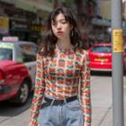 Floral Print Long-sleeve Top Almond - One Size