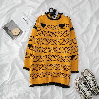Contrast Trim Heart Print Knitted Dress As Shown In Figure - One Size