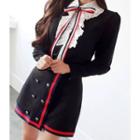 Set: Tie-front Lace-detail Shirt + Double-breasted Skirt Black - One Size