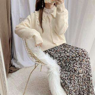 Set: Collared Cardigan + Floral Print Midi A-line Skirt