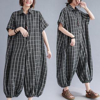 Short-sleeve Plaid Shirt Romper Romper - One Size
