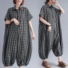 Short-sleeve Plaid Shirt Romper Romper - One Size