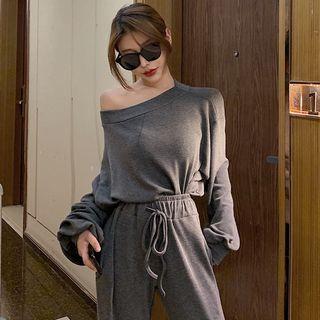 Set: Off-shoulder Pullover + Drawstring Pants