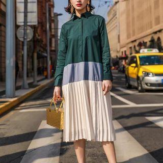 Color Block Pleated Hem Long-sleeve Dress