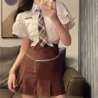Plain Mini Skirt / Short-sleeve Tie-neck Shirt
