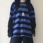 Mock Two-piece Long-sleeve Striped T-shirt Navy Blue - One Size