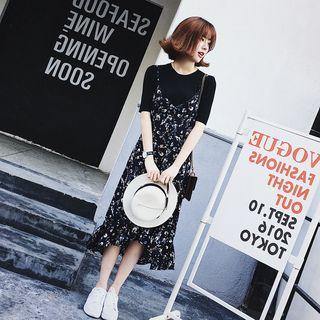 Set: Short-sleeve T-shirt + Spaghetti-strap Floral Print Chiffon Dress