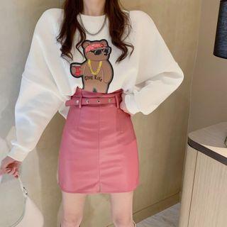 Graphic Print Sweatshirt / Faux Leather Mini Pencil Skirt
