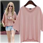3/4-sleeve V-neck Plain T-shirt