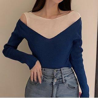 Long-sleeve V-neck Mock Two-piece Top