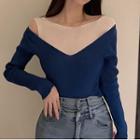 Long-sleeve V-neck Mock Two-piece Top