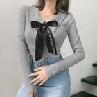Long-sleeve Tie Neck Knit Top Gray - One Size