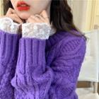 Cable-knit Cardigan / Lace Long-sleeve Blouse