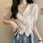 Short-sleeve V-neck Floral Drawstring Blouse